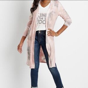Maurices Pink Gray Tie Dye Duster Cardigan Open Front Lightweight L NWT